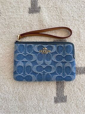 Coach Denim Signature Wristlet with Brown Leather Strap